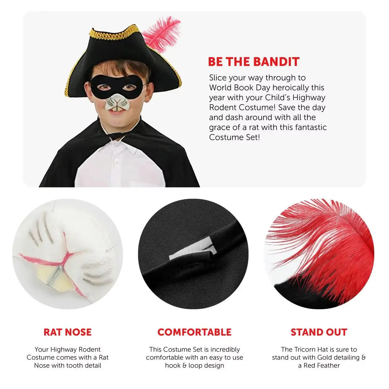Childs Highway Rat Costume - Black Cape, Black Tricorn Hat, Rabbit Nose, Black Eye Mask, Facepaint - Kids World Book Day