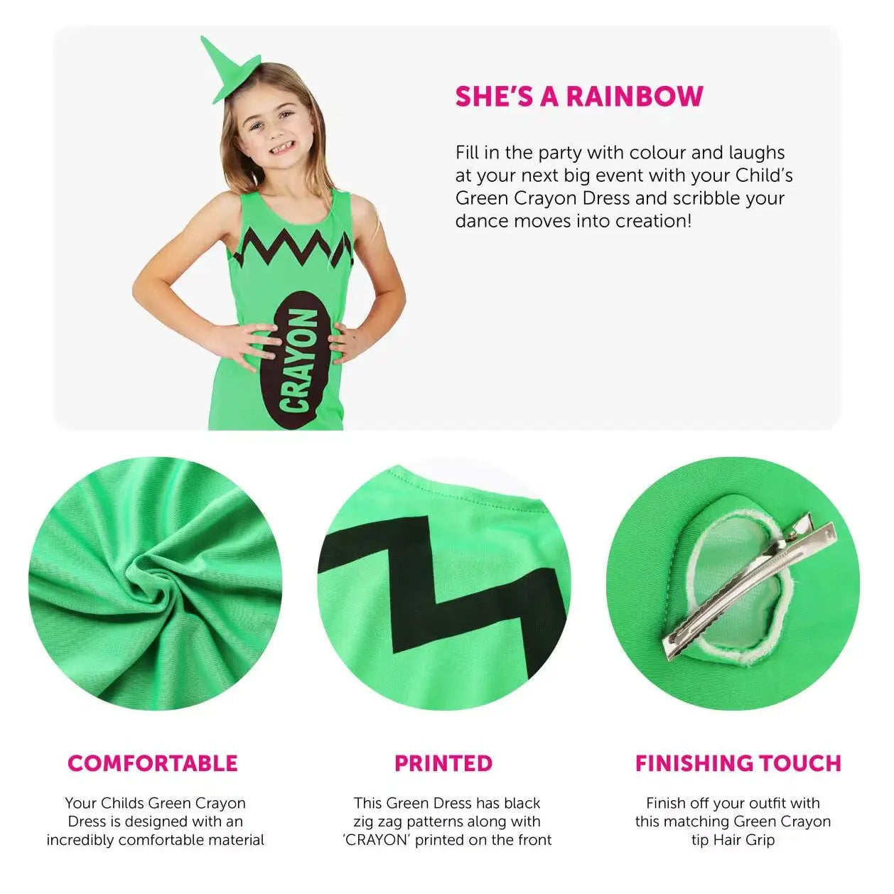Childs Green Crayon Fancy Dress Costume - School Book Week/World Book Day Crayon Dress - Kids Novelty Fancy Dress Costume
