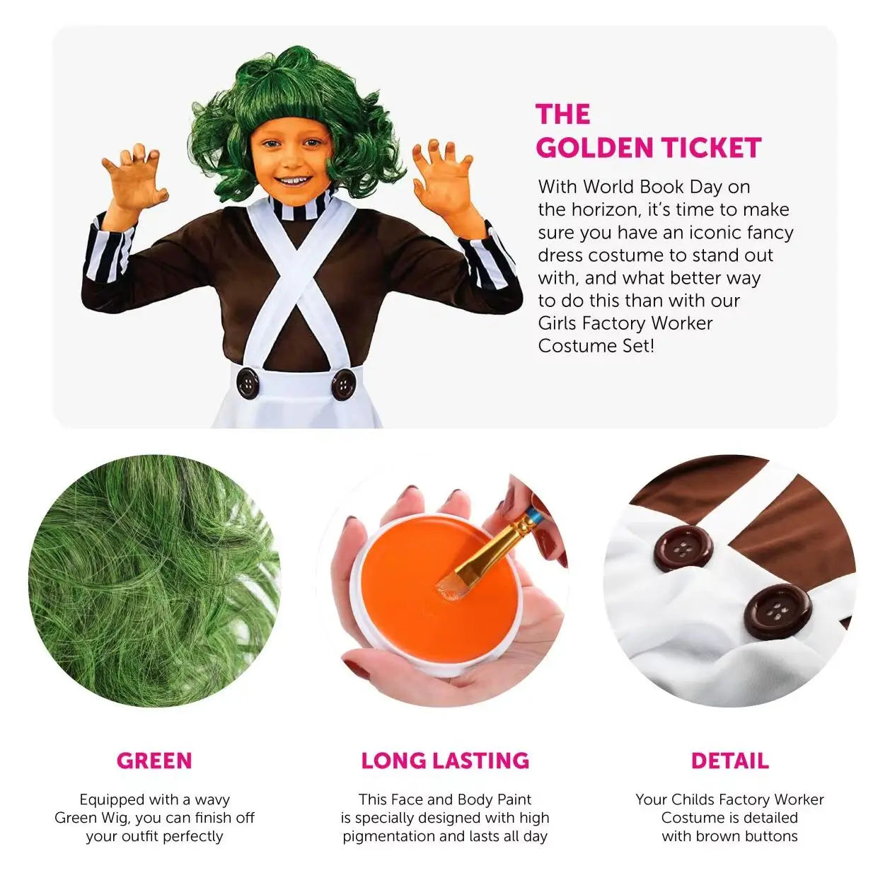 Girls Chocolate Factory Worker Costume - Brown Top, White Skirt, Green Wig, Gloves & Face Paint - World Book Day Fancy Dress