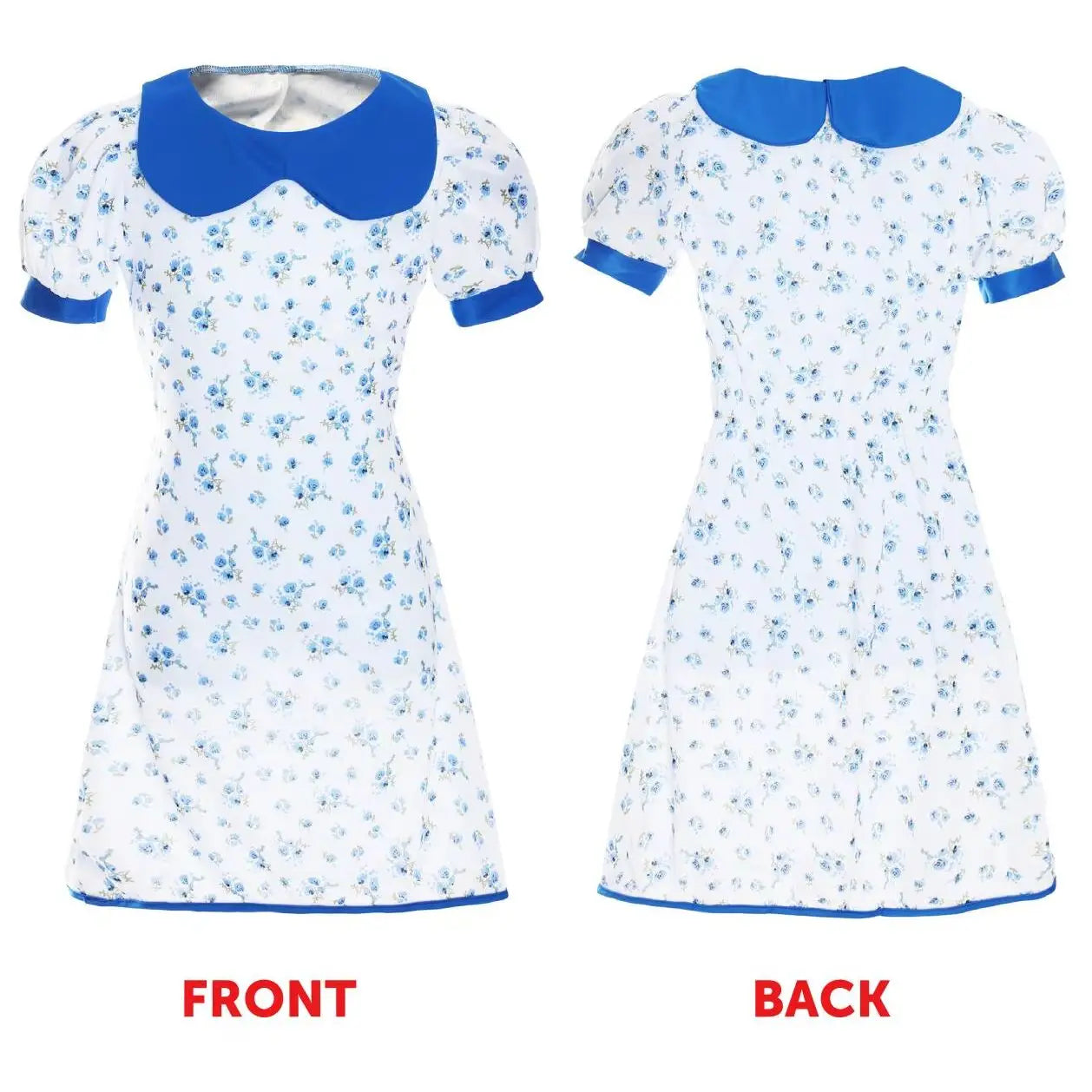 Girls Bookworm Costume - Blue Floral Dress, Red Headband & Bow Hairclip - World Book Day & School Book Week Fancy Dress