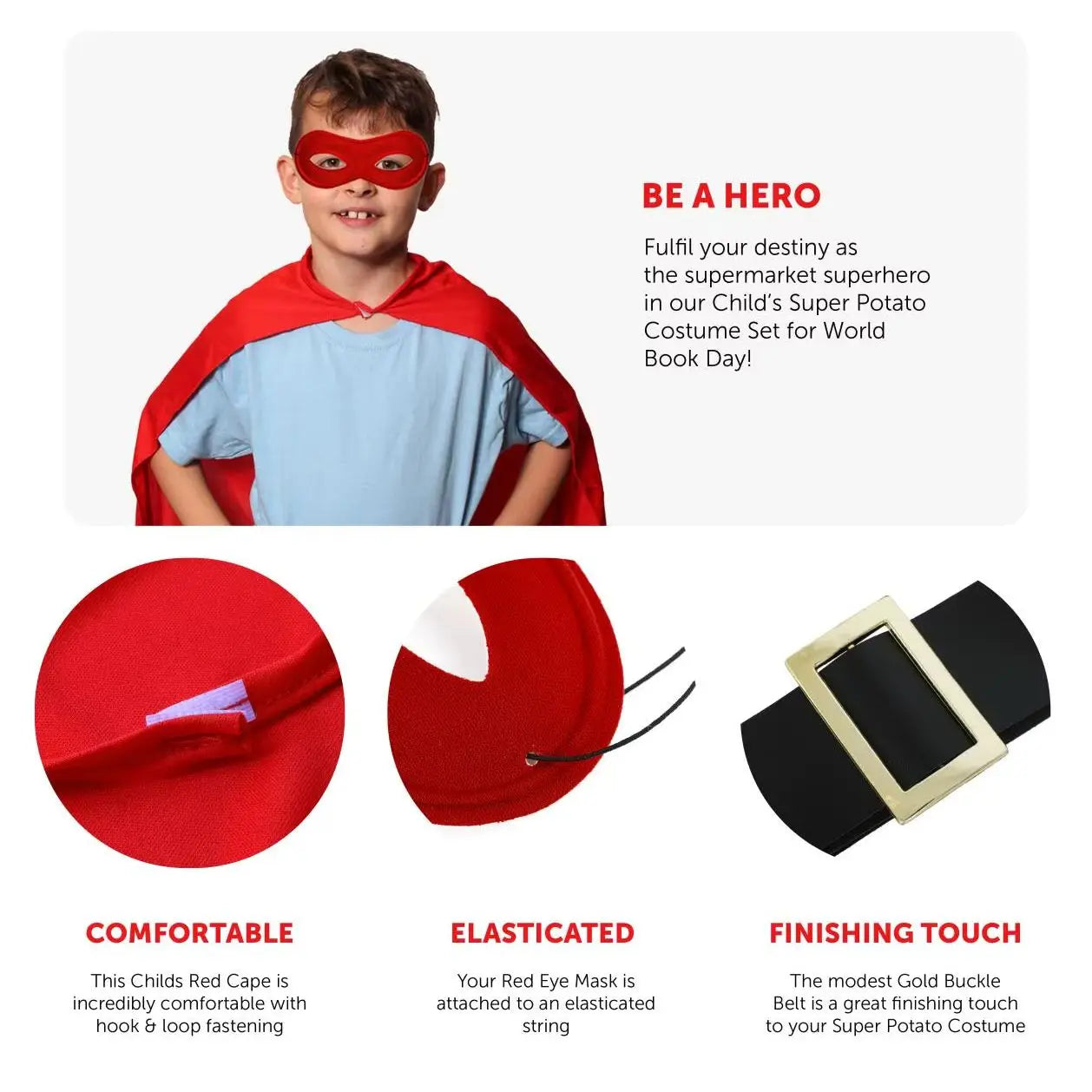 Kids Potato Superhero Costume - Red Cape, Eye Mask, Gloves & Black Belt - Childs World Book Day / Book Week Fancy Dress Costume