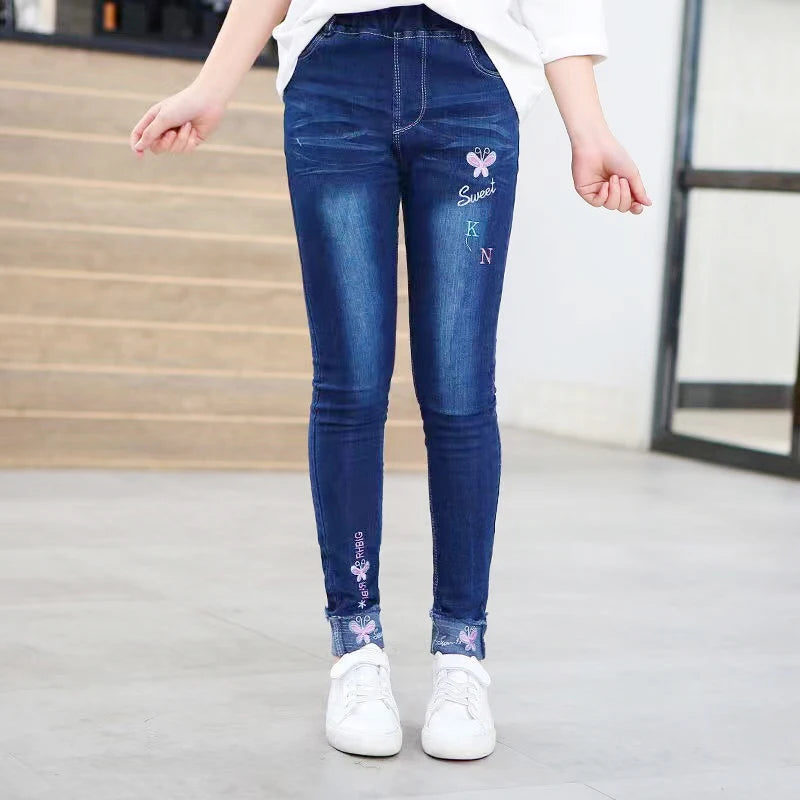 2-14 Years Spring and Autumn Casual Kids Embroidery Design Kids Jeans Trousers For Girls Jeans Pants Teen Children's Clothing