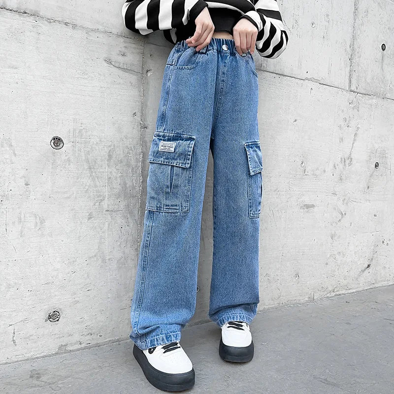 Teenage Girls Wide Leg Cargo Jeans 2024 Autumn Fashion Kids Casual Denim Pants School Young Children Straight Baggy Trousers 15Y