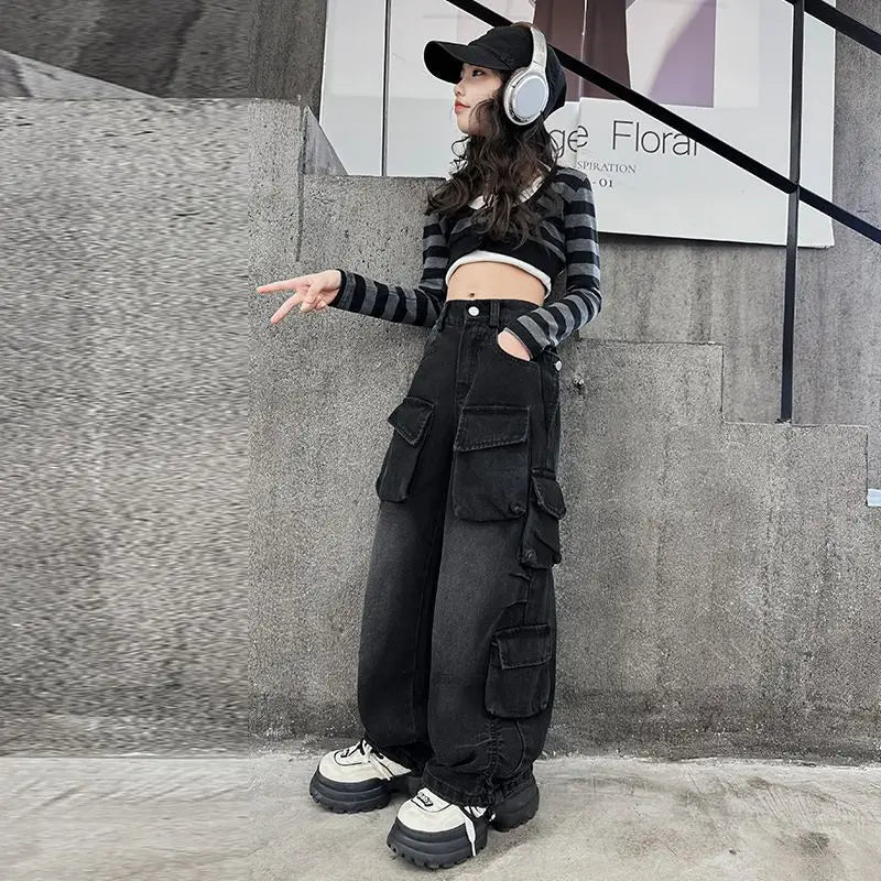 Cargo Jeans for Girls 2024 Spring Loose Casual Elastic Waist Teenage Children Wide Leg Pants Design Streetwear Kids Trousers