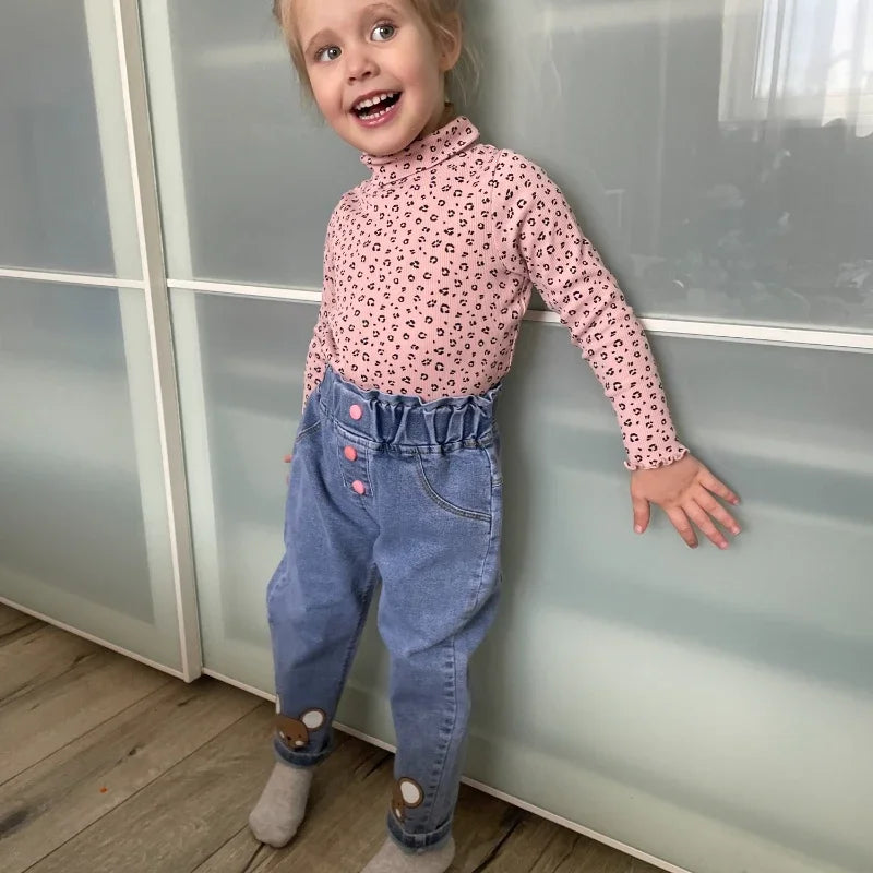 Kids Baby Girls Casual Clothes Jeans Pink Bow Trousers Toddler Infant Denim Clothing Pants Children Bottoms 1 2 3 4 5 6 Years