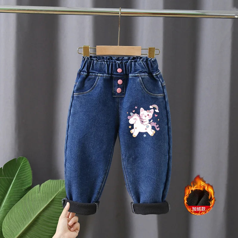 Korean version children's jeans winter girls with plush thick High waist elastic cartoon printed jeans babies warm pants1-6Y