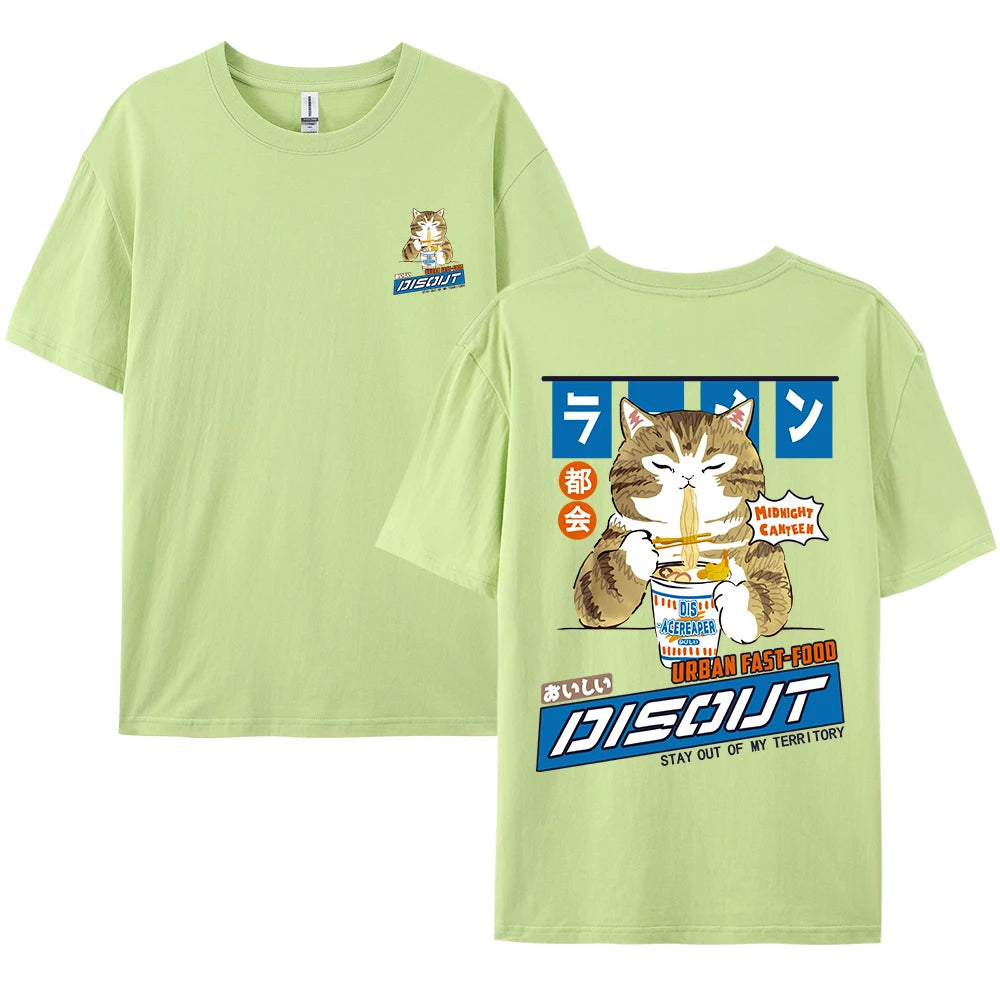 Harajuku Cat Cartoon Eating Noodles Graphic Men Women Tshirts Casual Short Sleeve Tees Japan Style Oversized T Shirt Clothing