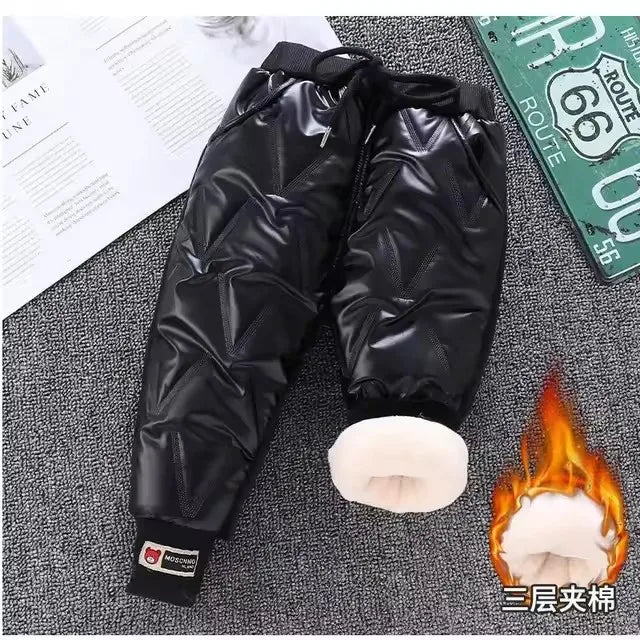 Korean version children's jeans winter girls with plush thick High waist elastic cartoon printed jeans babies warm pants1-6Y