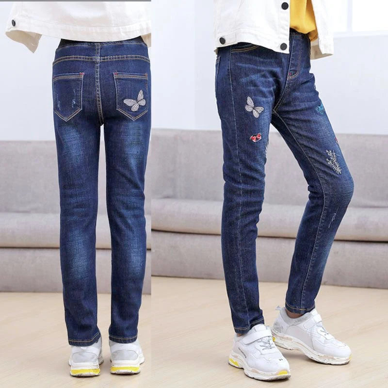 2-14 Years Spring and Autumn Casual Kids Embroidery Design Kids Jeans Trousers For Girls Jeans Pants Teen Children's Clothing
