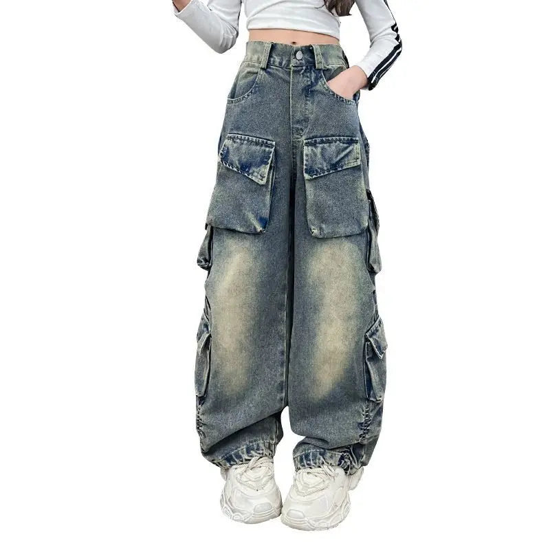 Cargo Jeans for Girls 2024 Spring Loose Casual Elastic Waist Teenage Children Wide Leg Pants Design Streetwear Kids Trousers