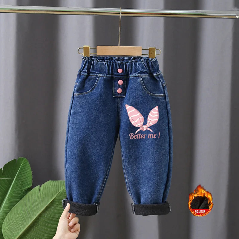 Korean version children's jeans winter girls with plush thick High waist elastic cartoon printed jeans babies warm pants1-6Y