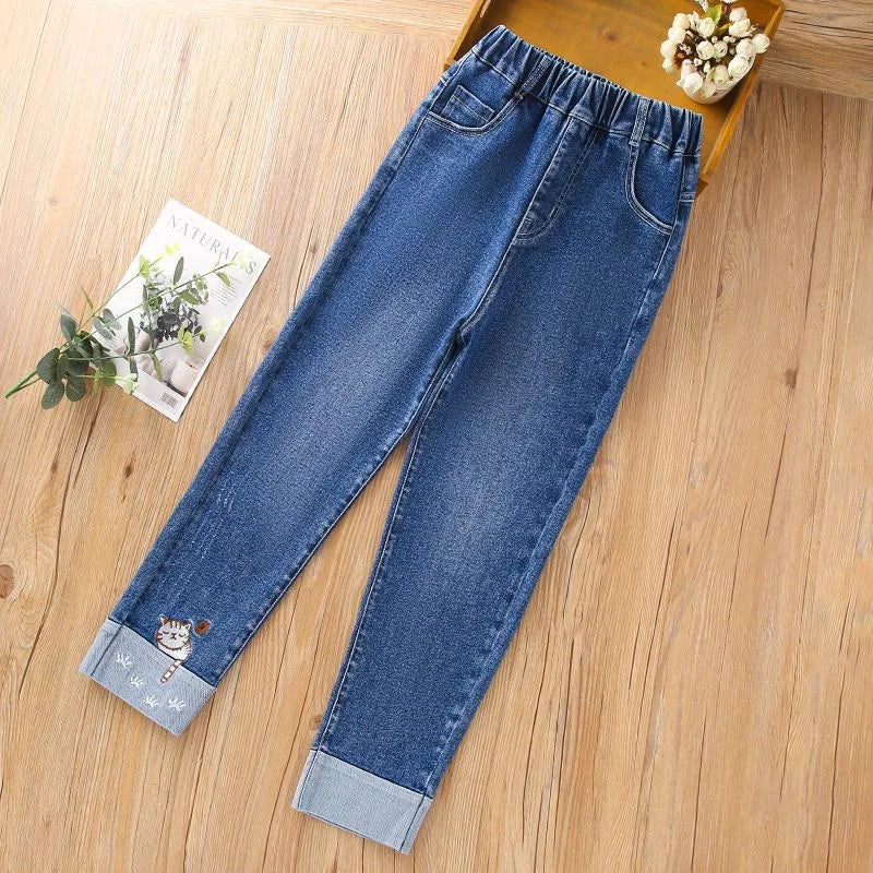 2-14 Years Spring and Autumn Casual Kids Embroidery Design Kids Jeans Trousers For Girls Jeans Pants Teen Children's Clothing