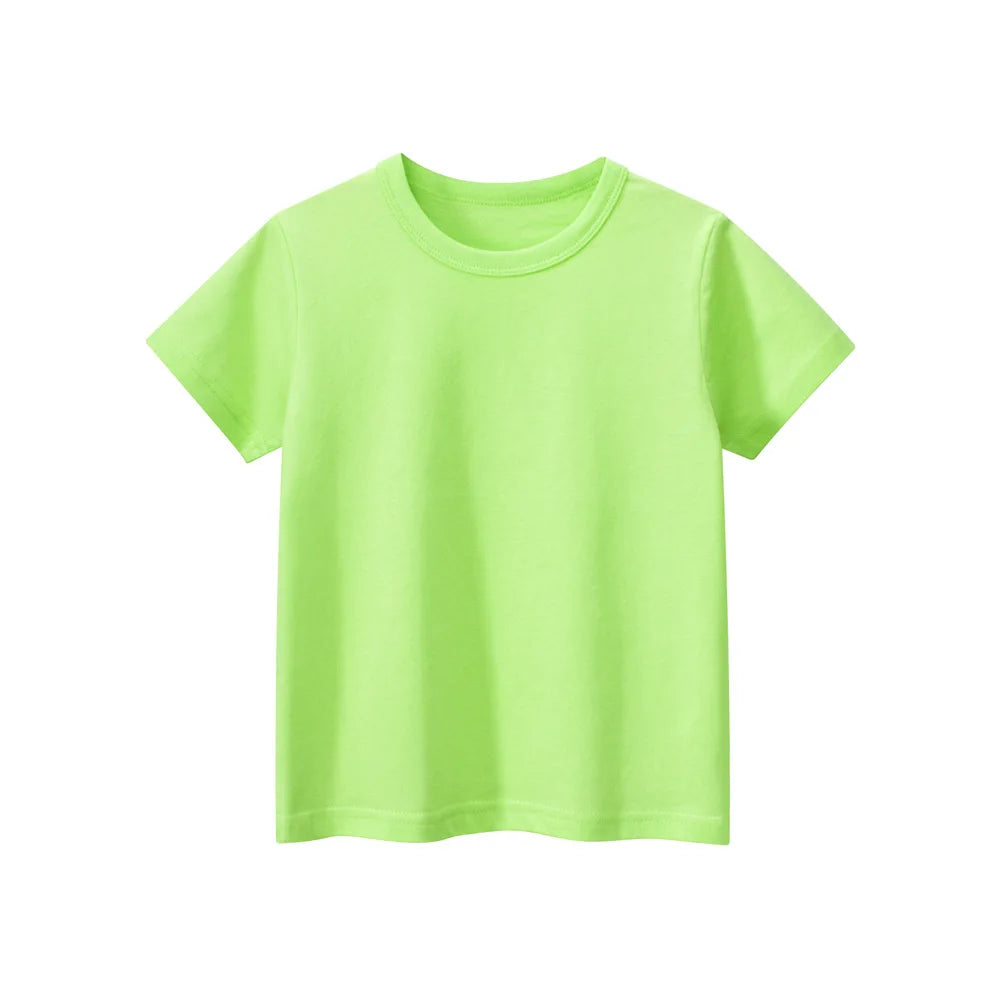 2024 Summer Girls Boys Solid T-Shirts Clothes 100% Pure Cotton Short Sleeve Yellow Red Green Kids UnderShirt Bottomming Clothing