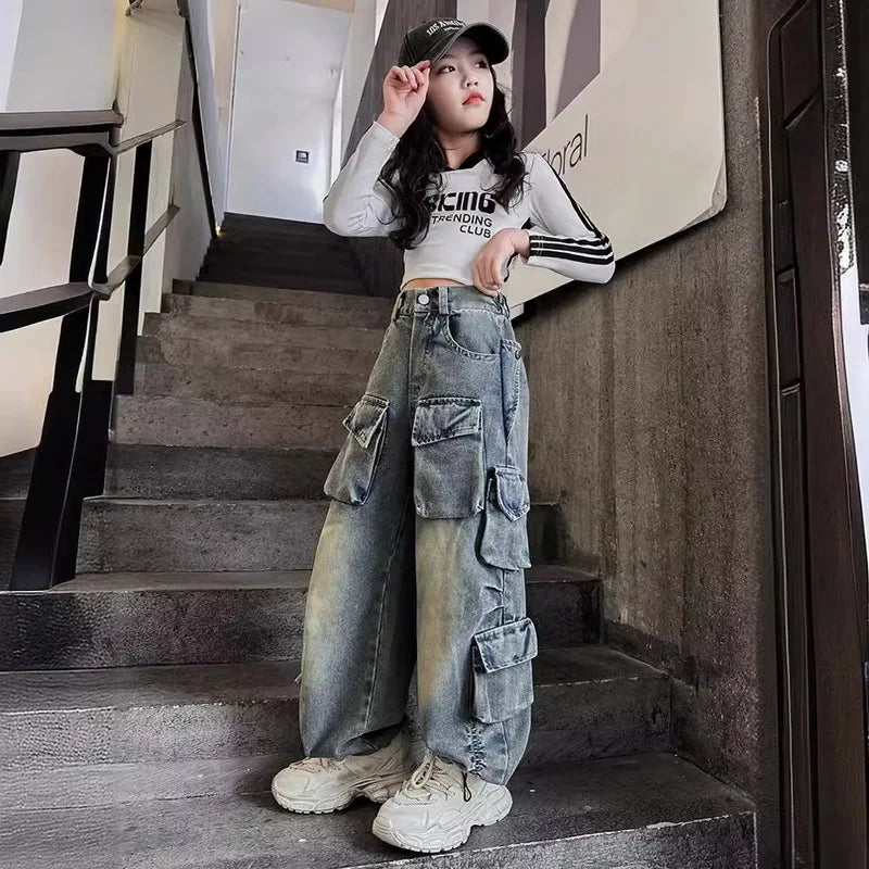 Cargo Jeans for Girls 2024 Spring Loose Casual Elastic Waist Teenage Children Wide Leg Pants Design Streetwear Kids Trousers