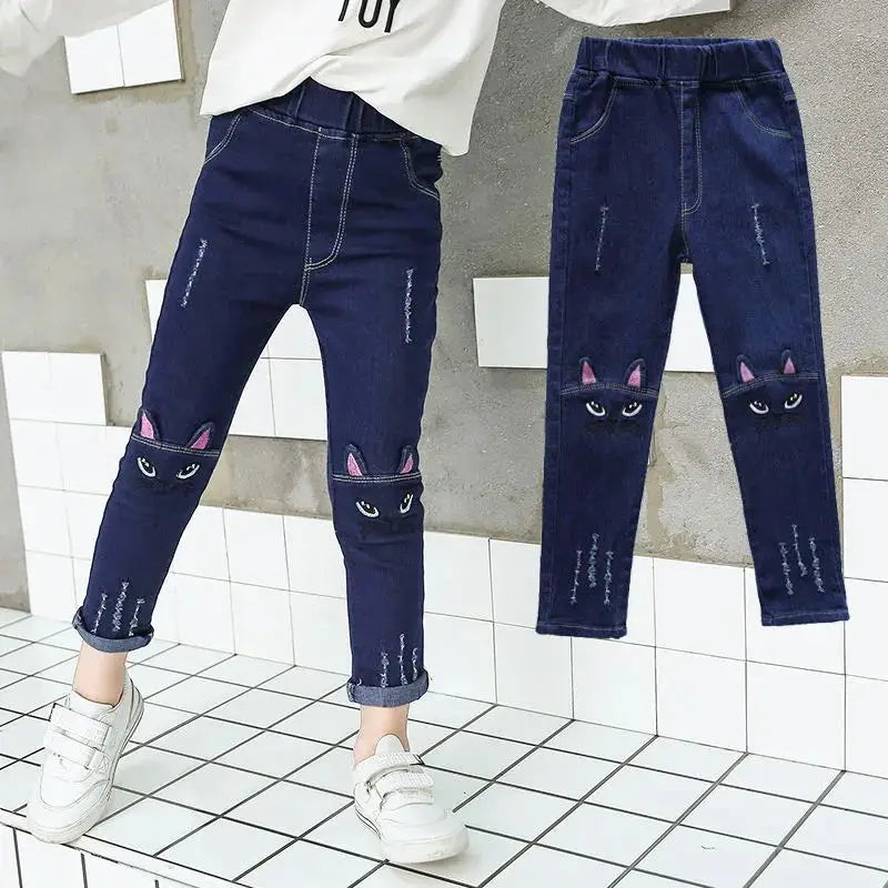 2-14 Years Spring and Autumn Casual Kids Embroidery Design Kids Jeans Trousers For Girls Jeans Pants Teen Children's Clothing