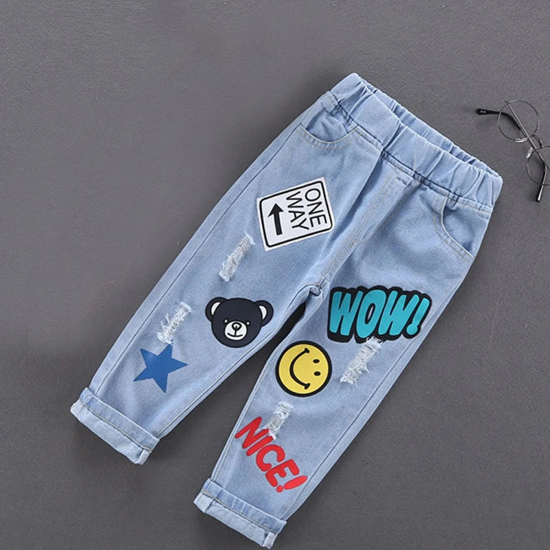 Spring Autumn Children Jeans Boys Cotton Print Splice Stretch Denim Pants Korean Teenage Trousers Wear Kids ClothingDenimRipped
