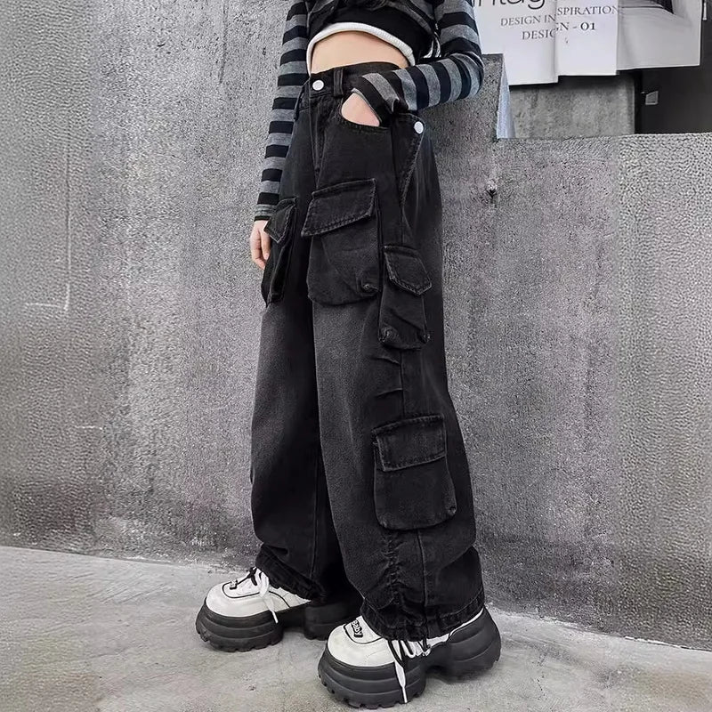 Cargo Jeans for Girls 2024 Spring Loose Casual Elastic Waist Teenage Children Wide Leg Pants Design Streetwear Kids Trousers