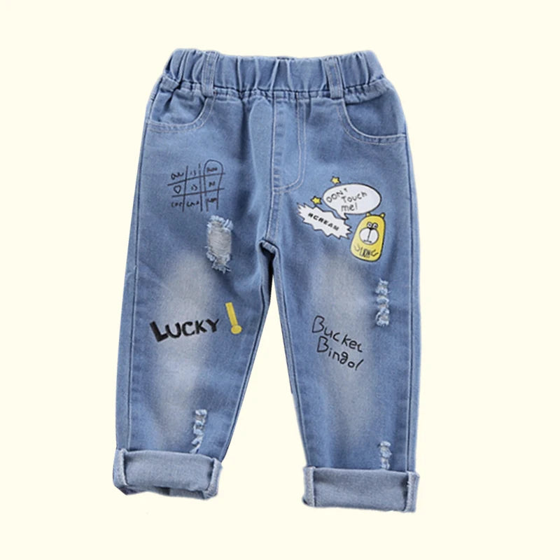 Spring Autumn Children Jeans Boys Cotton Print Splice Stretch Denim Pants Korean Teenage Trousers Wear Kids ClothingDenimRipped
