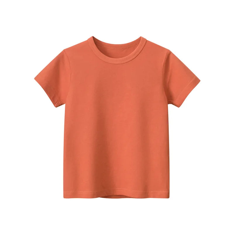 2024 Summer Girls Boys Solid T-Shirts Clothes 100% Pure Cotton Short Sleeve Yellow Red Green Kids UnderShirt Bottomming Clothing