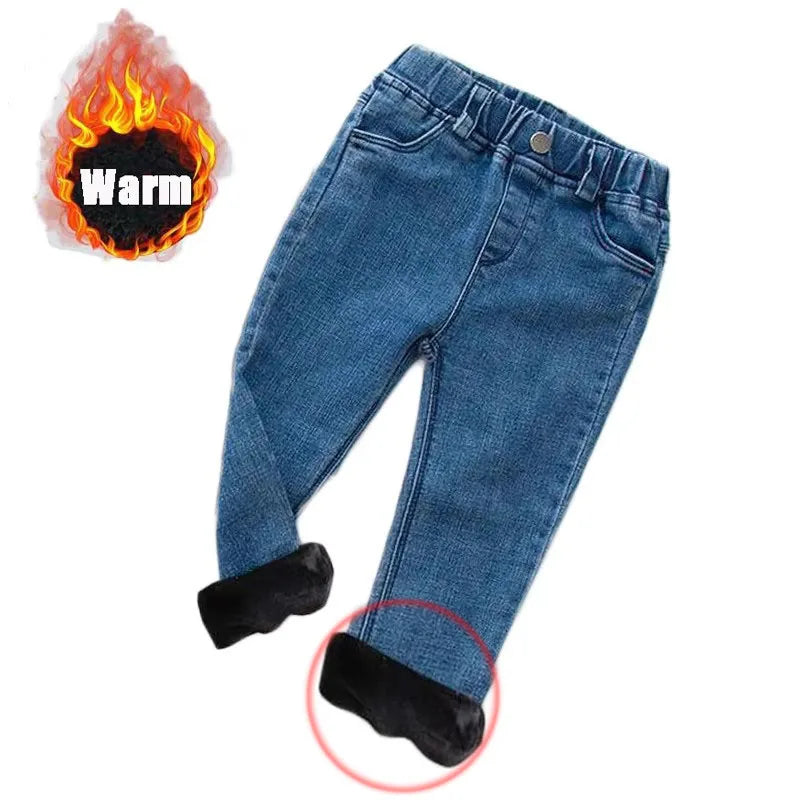 Baby Kids Spring Autumn Winter Thick Warm Jeans With Fleece For 1-7 Years Boys Girls Casual Denim Pants Kids Children Trousers