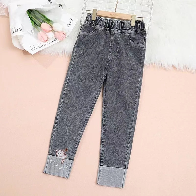 2-14 Years Spring and Autumn Casual Kids Embroidery Design Kids Jeans Trousers For Girls Jeans Pants Teen Children's Clothing
