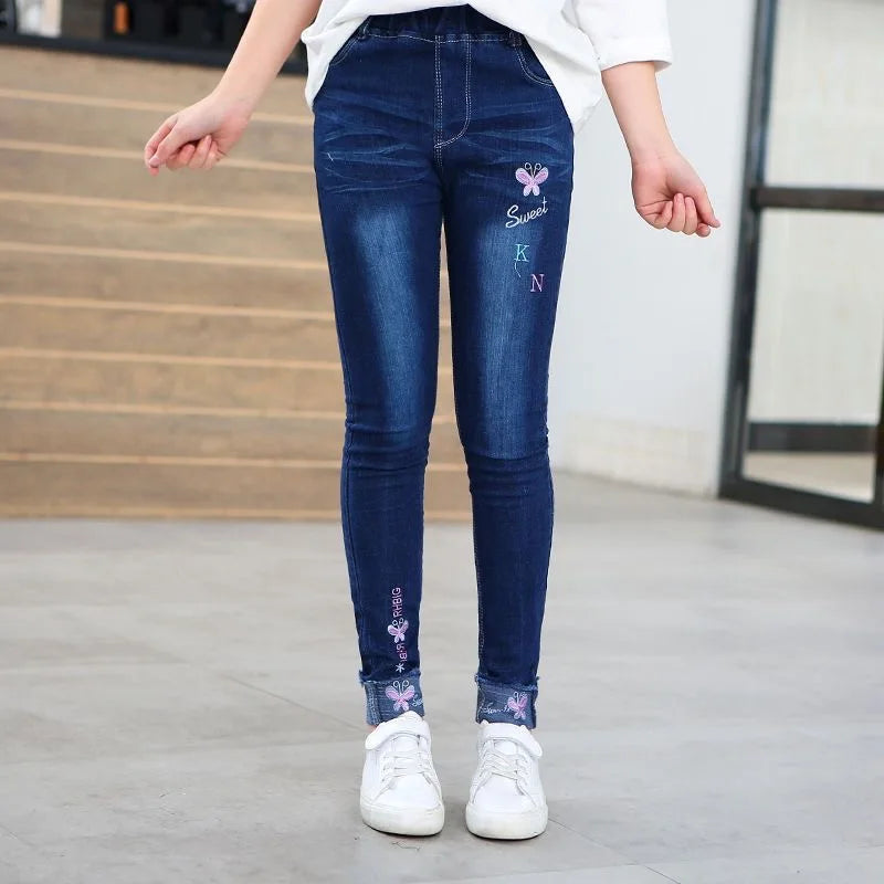 2-14 Years Spring and Autumn Casual Kids Embroidery Design Kids Jeans Trousers For Girls Jeans Pants Teen Children's Clothing