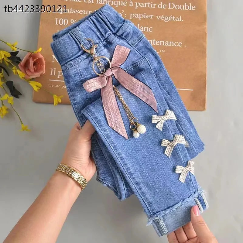 2-14 Years Spring and Autumn Casual Kids Embroidery Design Kids Jeans Trousers For Girls Jeans Pants Teen Children's Clothing