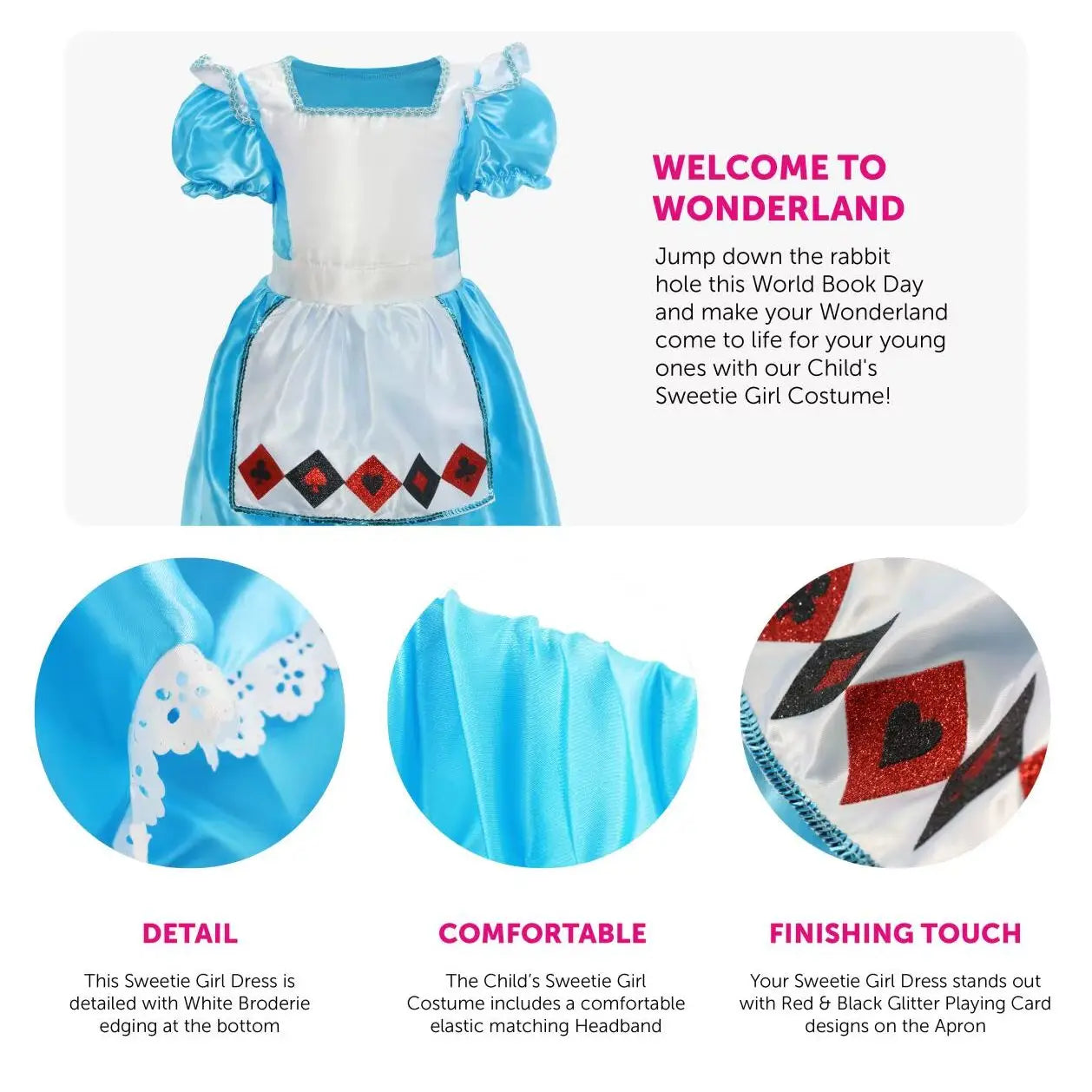 Child's Sweetie Alice Girl Costume - Blue Satin Dress, White Apron & Matching Light Blue Headband - Ideal for World Book Day