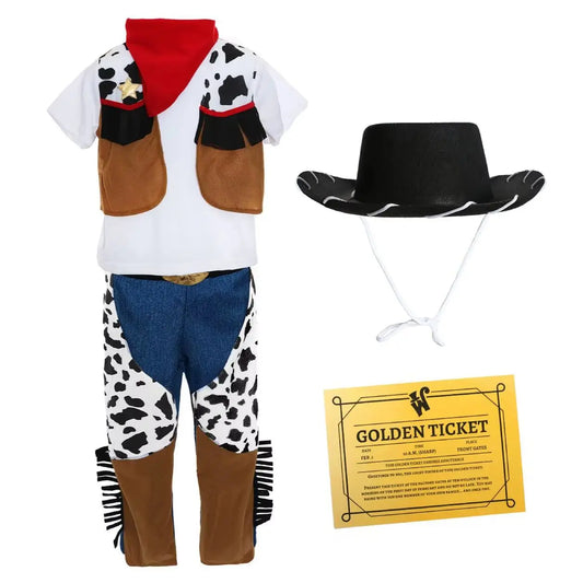 Kids Cowboy Ticket Winner Costume - T-Shirt, Waistcoat, Trousers, Bandana, Cowboy Hat & Golden Ticket - World Book Day Outfit