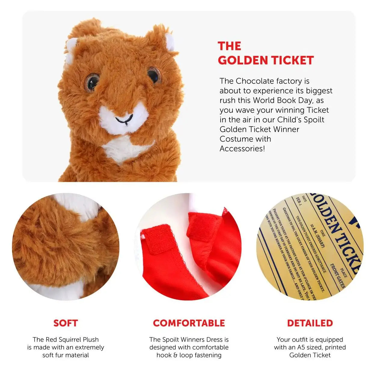 Girls Spoilt Golden Ticket Winner Costume - Red Dress, White Collar, Golden Ticket & Plush Squirrel - World Book Day Outfit