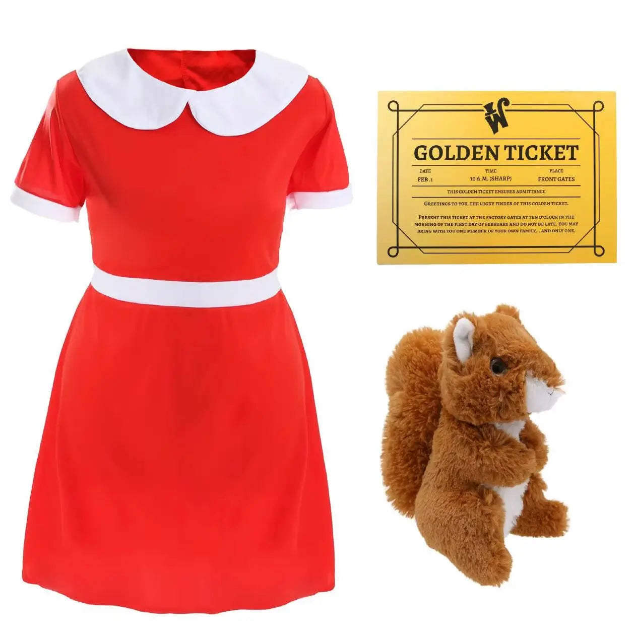 Girls Spoilt Golden Ticket Winner Costume - Red Dress, White Collar, Golden Ticket & Plush Squirrel - World Book Day Outfit