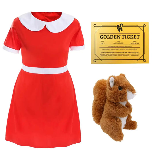 Girls Spoilt Golden Ticket Winner Costume - Red Dress, White Collar, Golden Ticket & Plush Squirrel - World Book Day Outfit