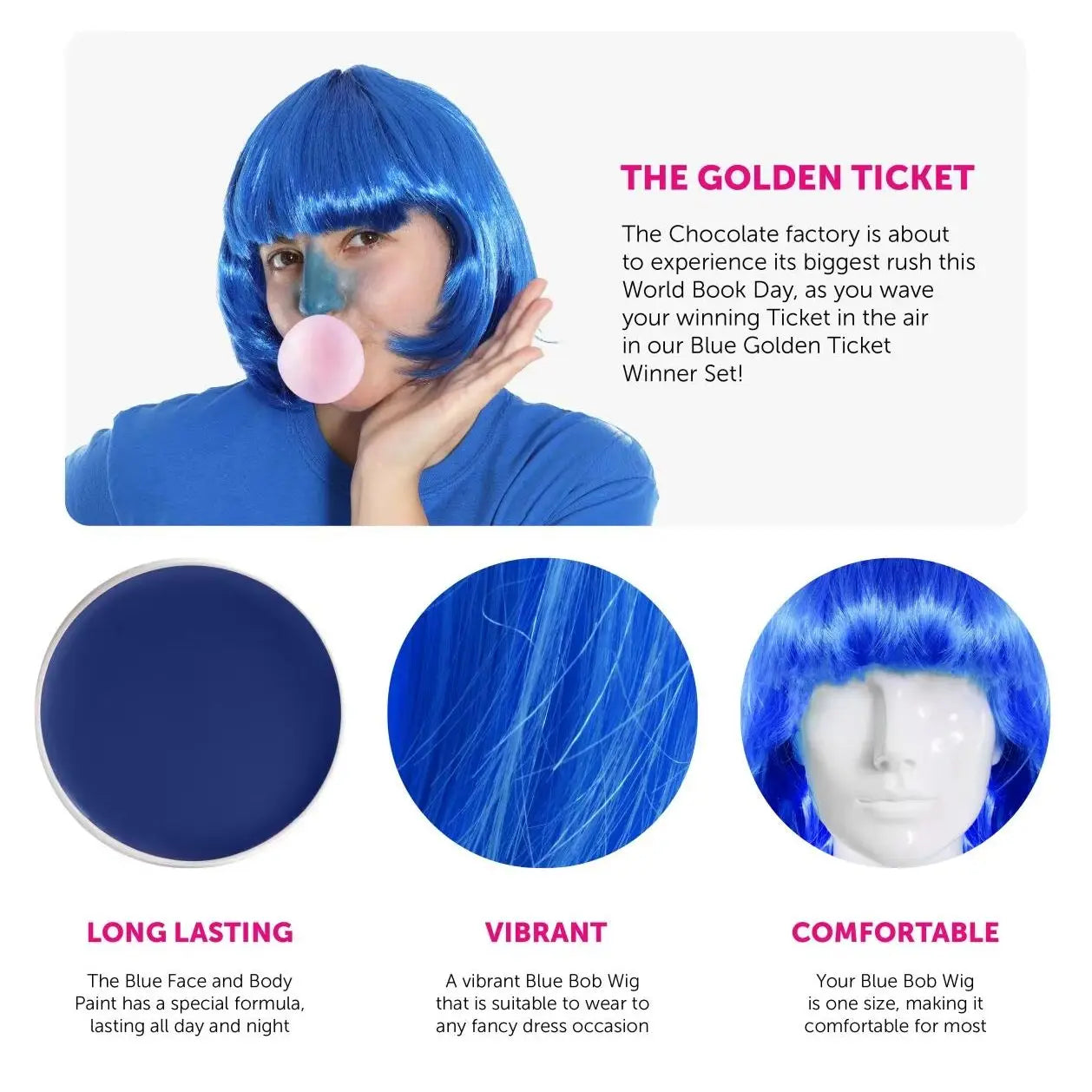 Blue Golden Ticket Winner Set - Blue Bob Wig and Blue Face Paint - Violet Costume Set -World Book Day/ Book Week