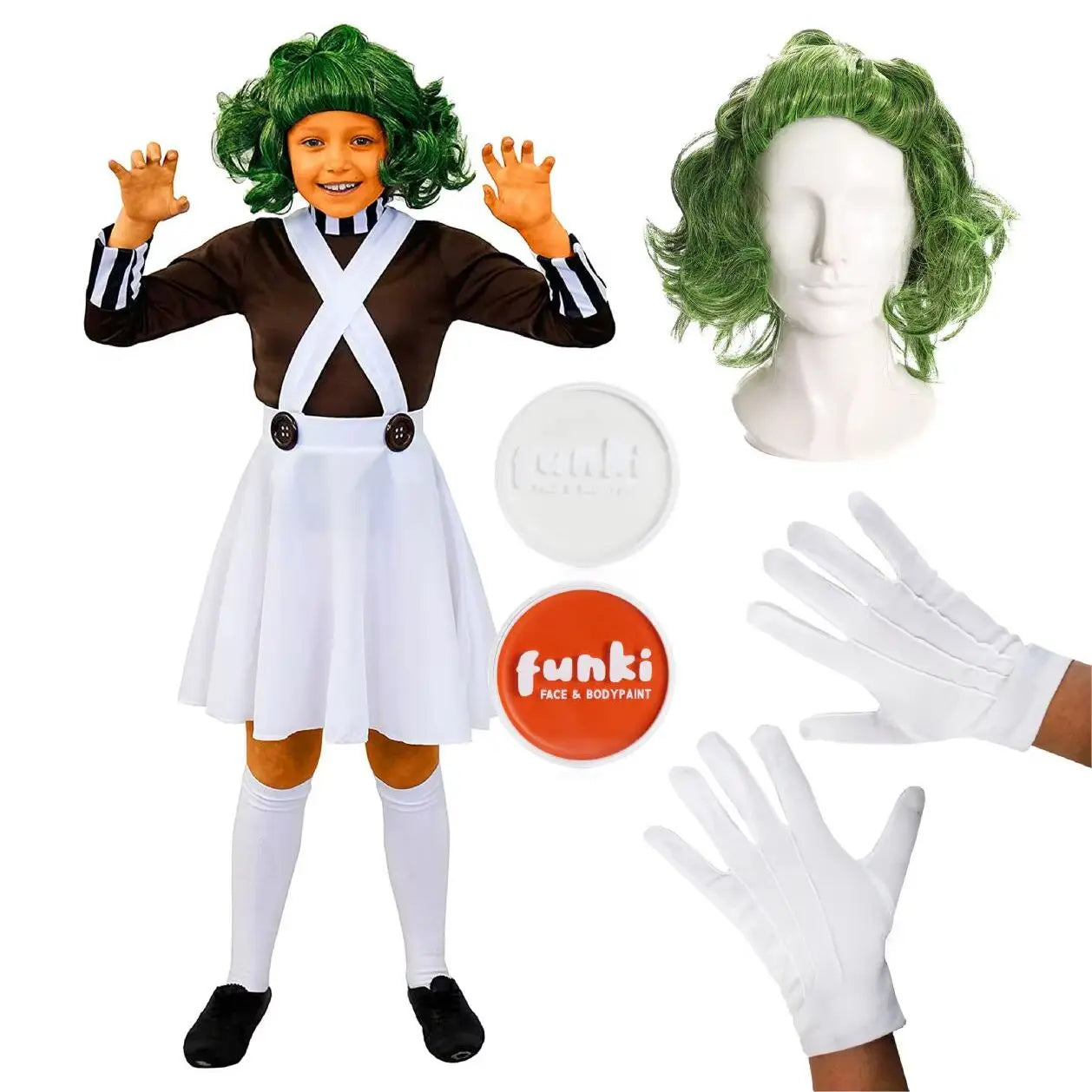 Girls Chocolate Factory Worker Costume - Brown Top, White Skirt, Green Wig, Gloves &  Face Paint - World Book Day Fancy Dress