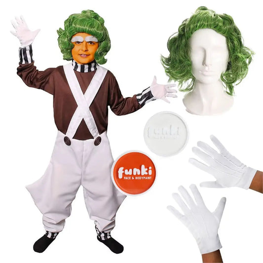 Boys Chocolate Factory Worker Costume - Brown Top, White Dungarees, Green Wig, Gloves & Orange Face Paint - World Book Day