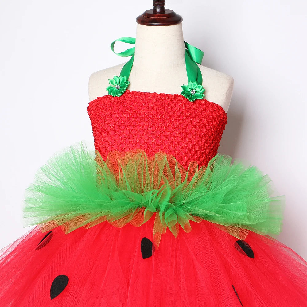 Red Green Strawberry Dresses for Girls Princess Tutu Dress with Flowers Headband Toddler Kids Girl Costume for Birthday Party