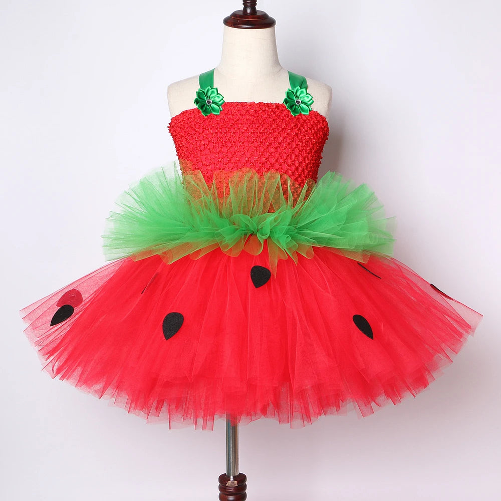 Red Green Strawberry Dresses for Girls Princess Tutu Dress with Flowers Headband Toddler Kids Girl Costume for Birthday Party