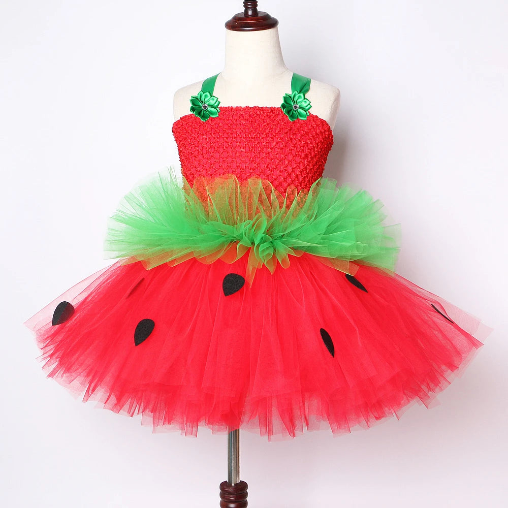 Red Green Strawberry Dresses for Girls Princess Tutu Dress with Flowers Headband Toddler Kids Girl Costume for Birthday Party