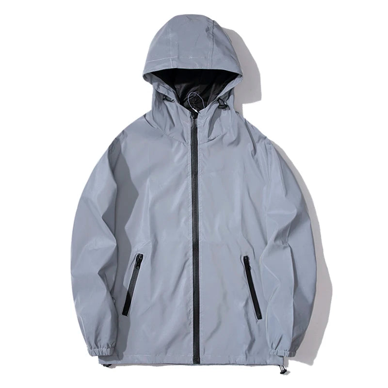 NEW SIZE Night Reflective Jackets Double Fabric Windbreaker Hooded Jacket Men Hip Hop Dancer Waterproof Zipper Coats Outwear