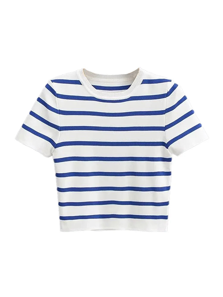 RFZA Women Fashion Striped Basic Cropped Knit Sweater Vintage O Neck Short Sleeve Female Pullovers Chic Tops
