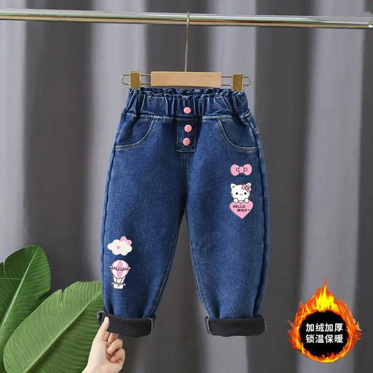 Korean version children's jeans winter girls with plush thick High waist elastic cartoon printed jeans babies warm pants1-6Y