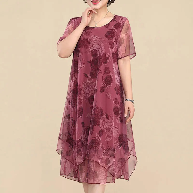 2023 O-Neck Short Sleeve Dresses Vintage Floral Printed Summer Gauze Spliced Women's Clothing Stylish Irregular Loose Midi Dress