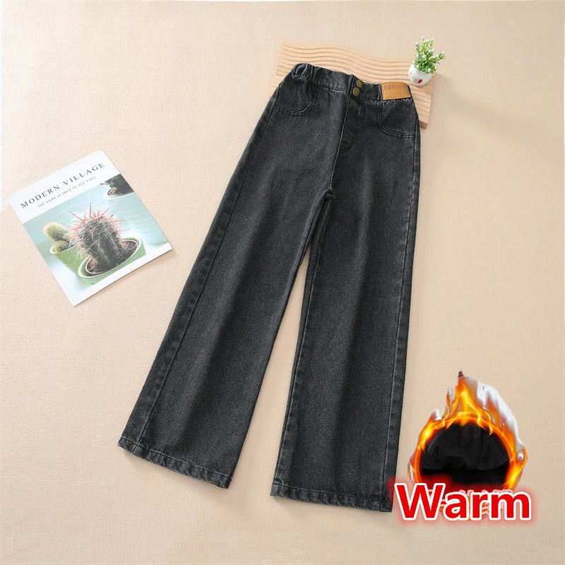 Teenage Girls Retro Jeans Spring Autumn Winter Casual Fashion Kids Wide Leg Insulated Jeans Pants School Children Denim Trousers