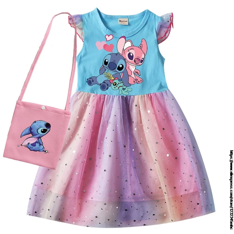 Lilo And Stitch Summer Girls Cotton T Shirt Patchwork Dress +Bag Children Girl Home Party Casual Clothes Dresses