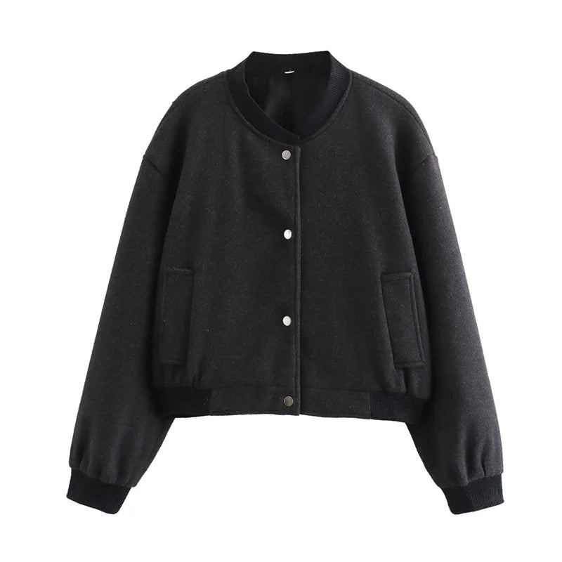 TRAF 2024 Women Jacket Cropped Bomber Jackets For Women Beige Black Tweed Jacket Woman Fashion Long Sleeve New In Short Coats