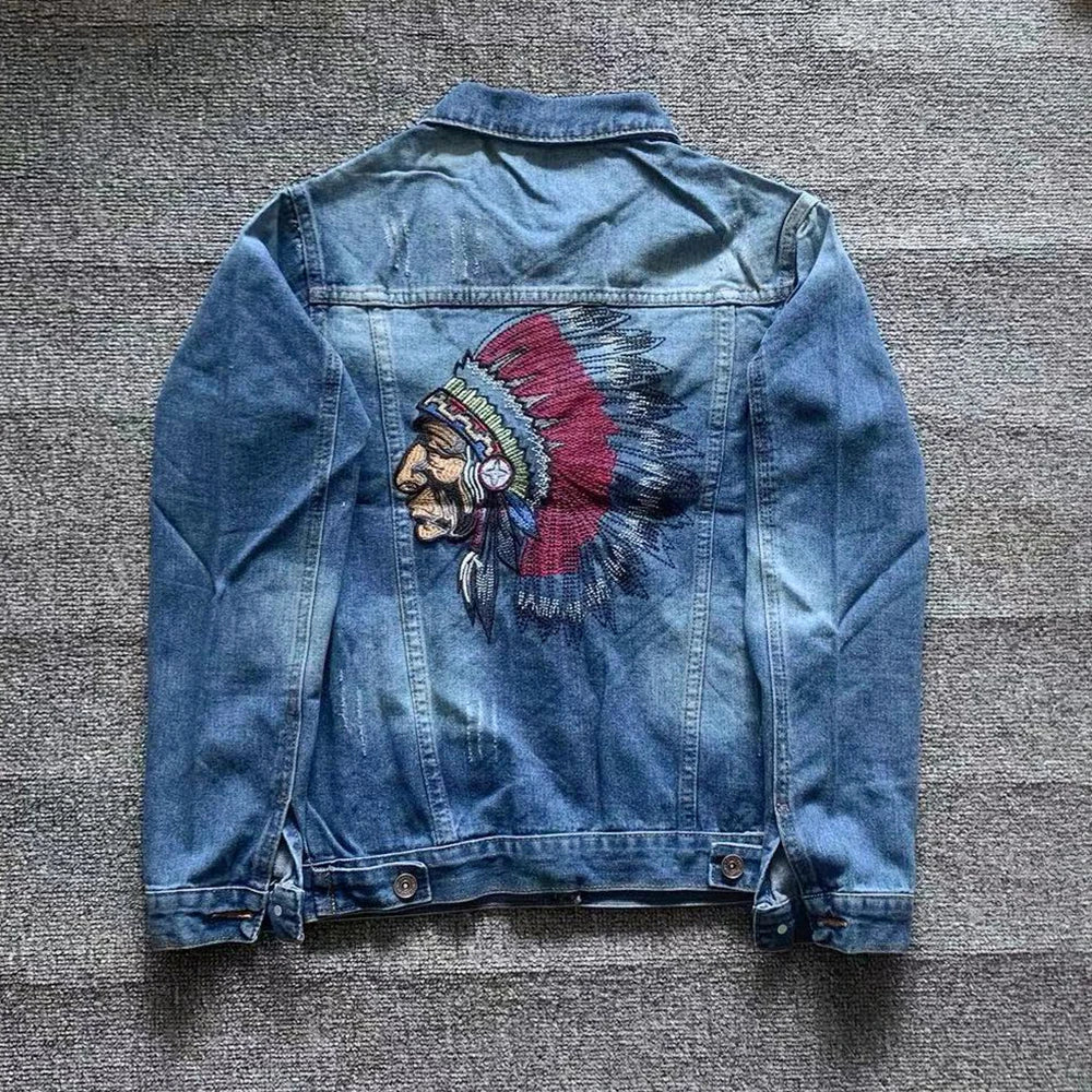 Indian Chief Embroidery Denim Jackets Men, Retro Blue Streetwear, Ripped Slim Coat, Casual Motorcycle Outwear, Spring and Autumn