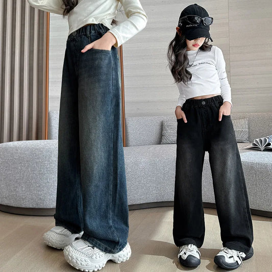 2024 New High Quality Girls Jeans Vintage Denim Wide Leg Pants Kids Clothing Children Casual Solid Trousers For Teenager Clothes