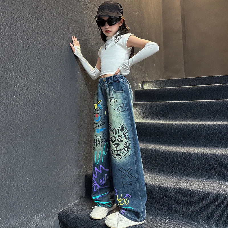 Kids Jeans for Girls Fashion Graffiti Dyeing 2025 Spring Autumn Hot Sales Teenager Unique Wide Leg Pants Korean Style Trousers