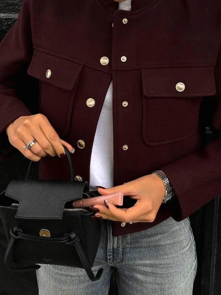 Elegant Wine Red Stand Collar Wool Blend Coat Female Fashion Single Breasted Pocket Short Jackets Lady Office Commute Streetwear