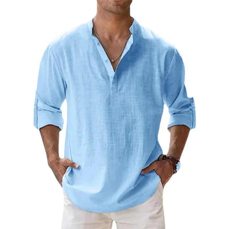 Streetwear Men Lightweight Shirts Long Sleeve Henley Cotton Linen Shirts for Men Beach Hawaiian Shirts Breathable Collar Tshirts